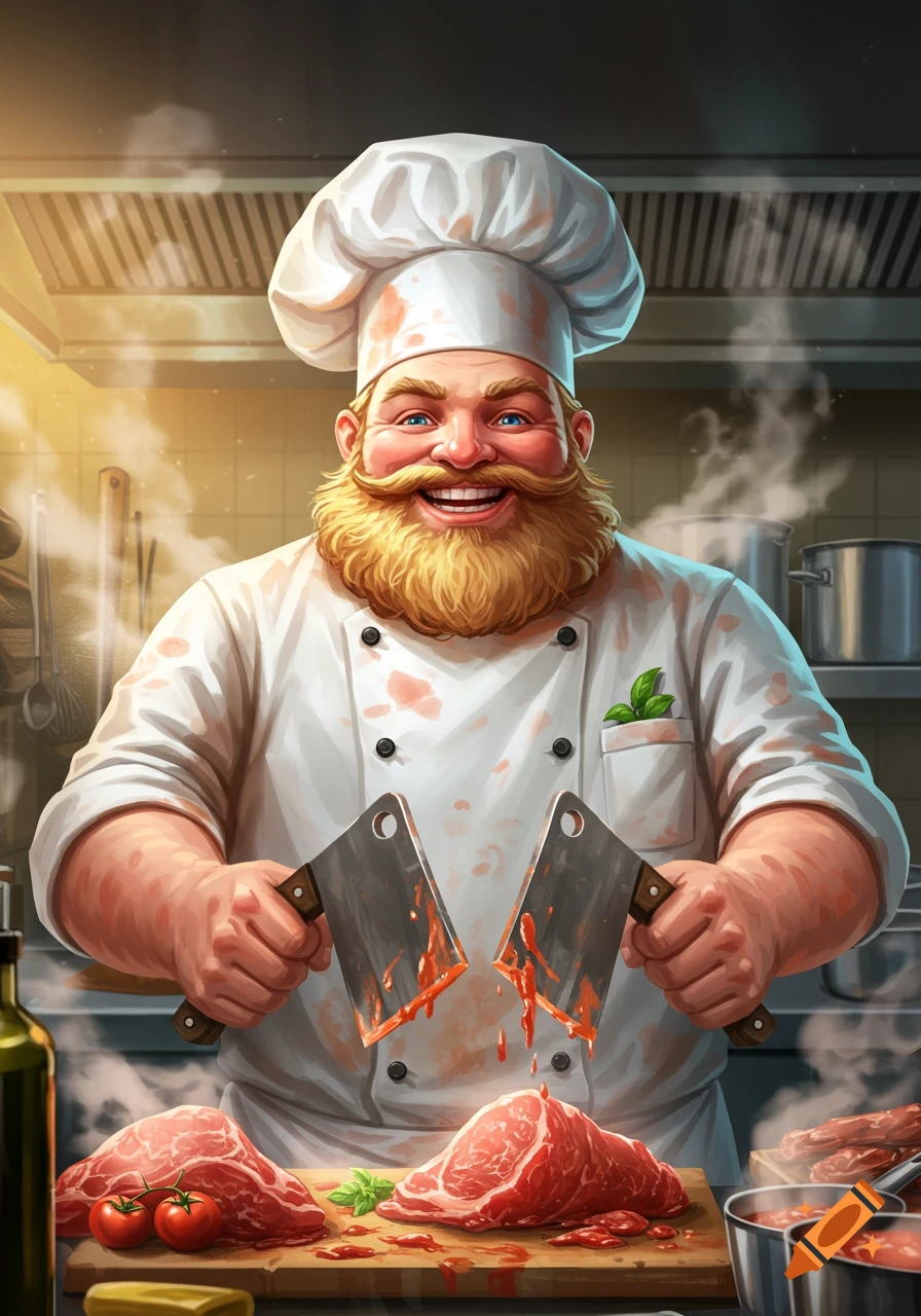 A cheerful bearded chef in a white hat and coat holds two meat cleavers over raw meat on a cutting board in a kitchen.
