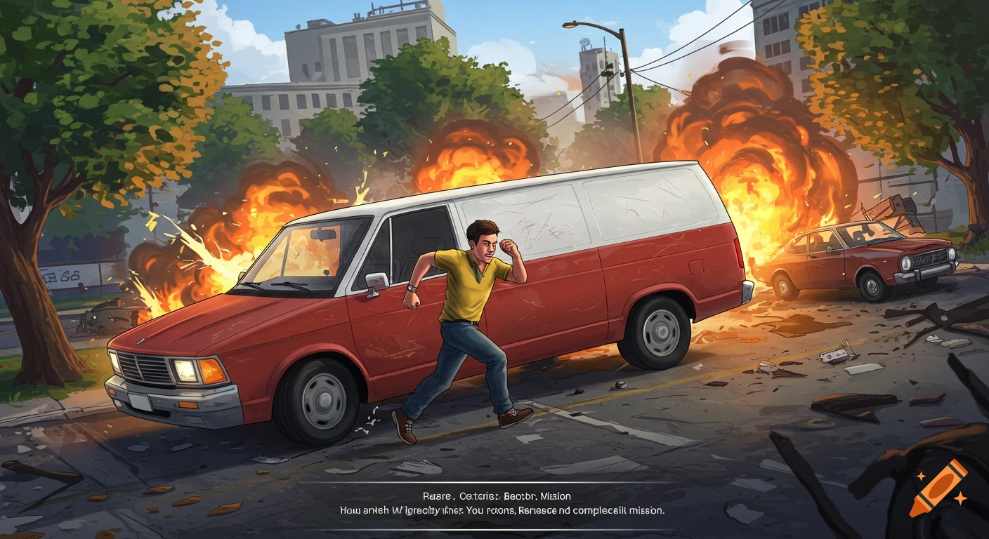 A man runs from an exploding van on a city street.