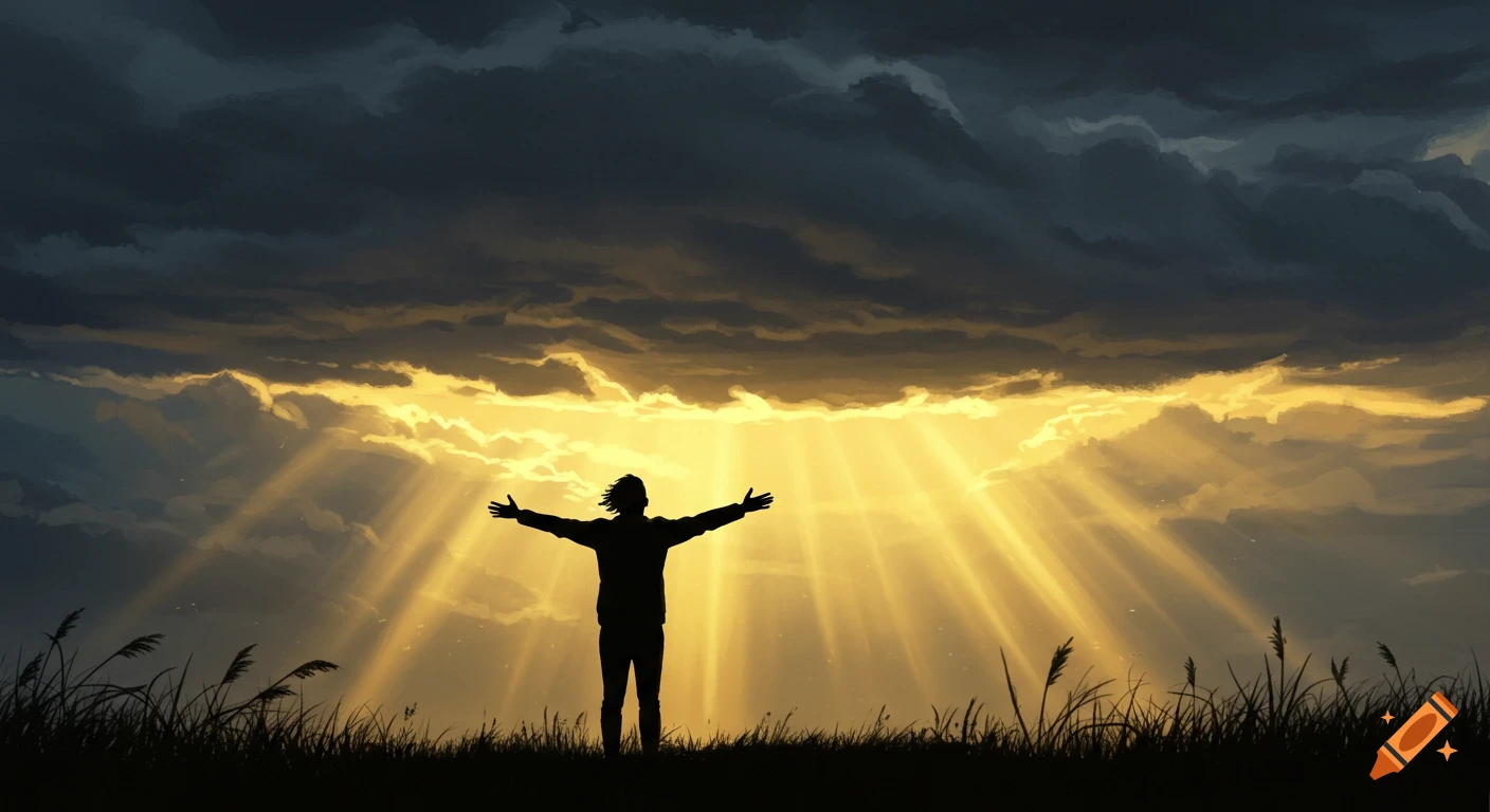 Silhouette of a person with arms raised facing sun rays breaking through dark clouds over a field of grass.