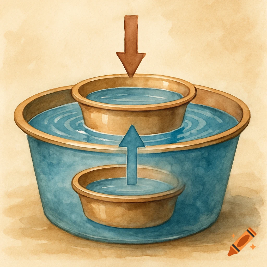 Watercolor illustration of two bowls in a larger bowl of water, with arrows showing displacement and force.