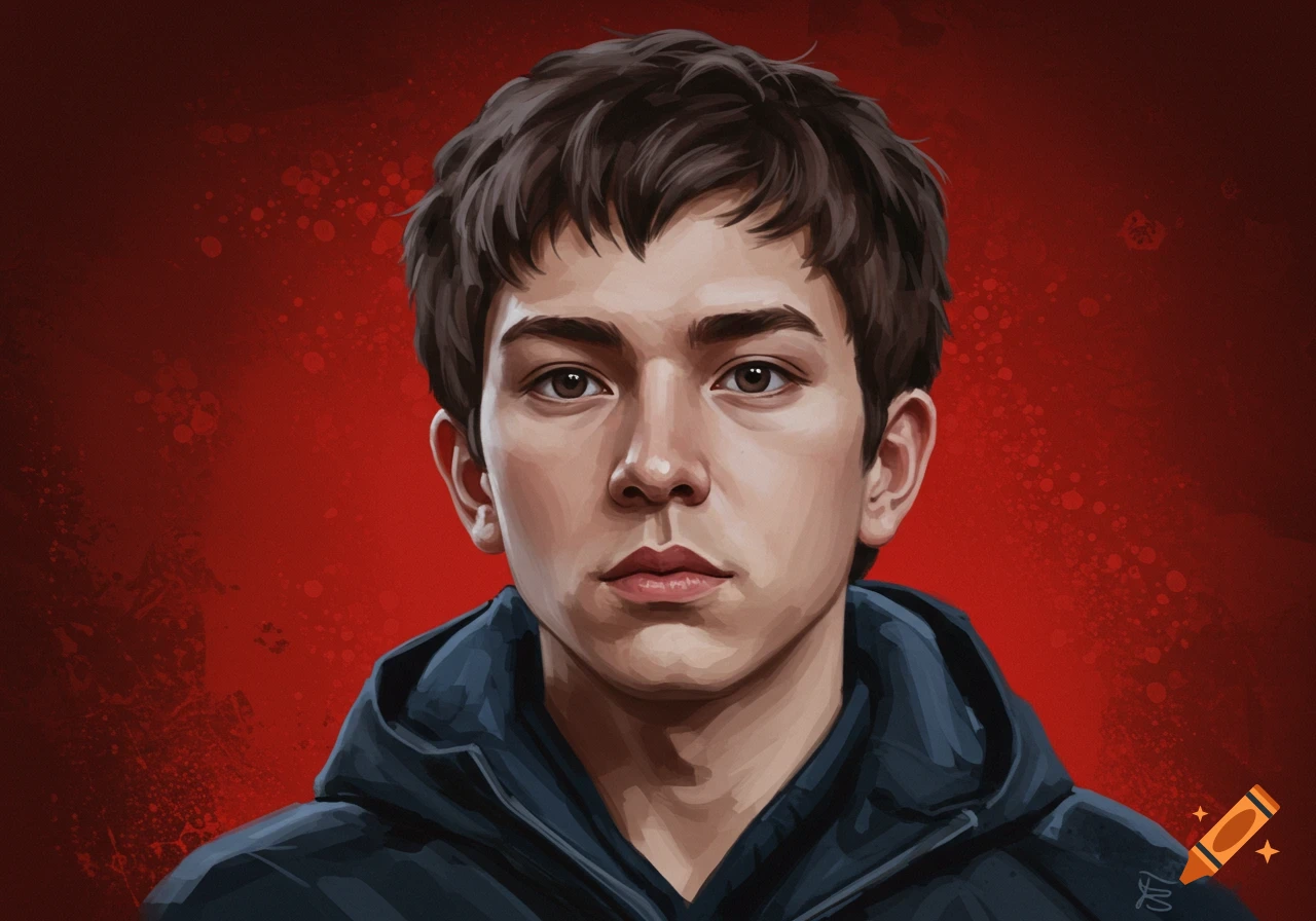 A young man in a hoodie against a red background.