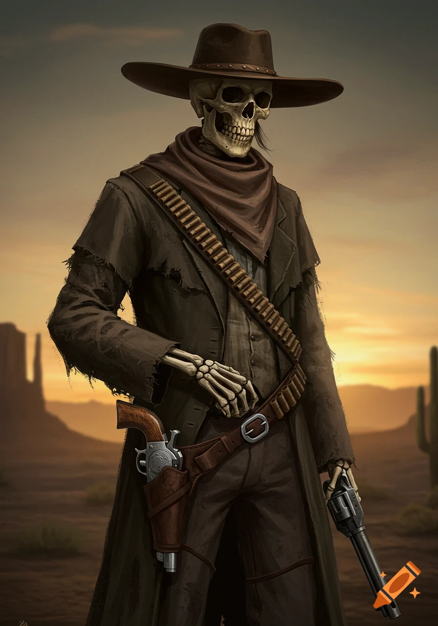 A skeleton in a cowboy hat and coat stands in a desert landscape with guns.