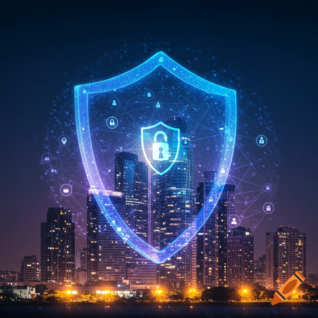 Glowing blue digital shield protecting a city skyline at night with network icons