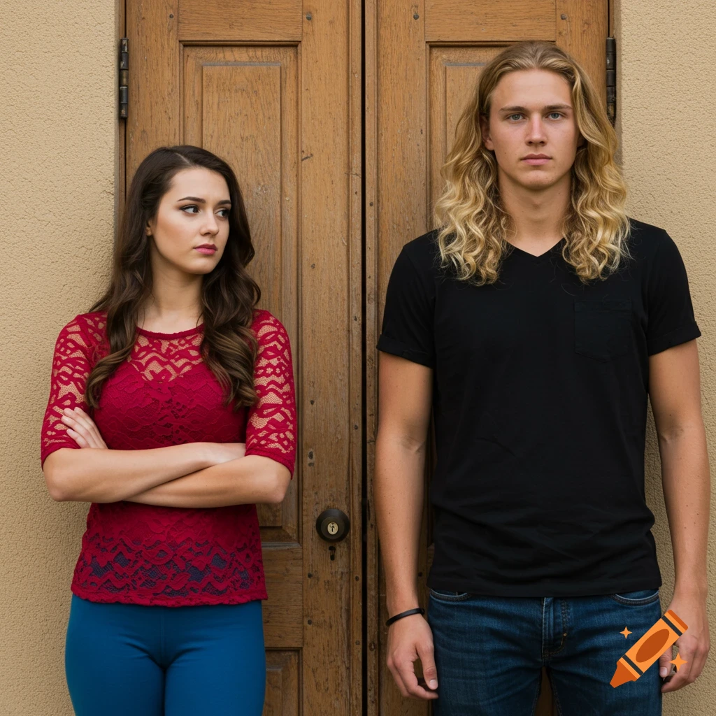 A young woman with crossed arms looks away from a man standing beside her in front of a wooden door.