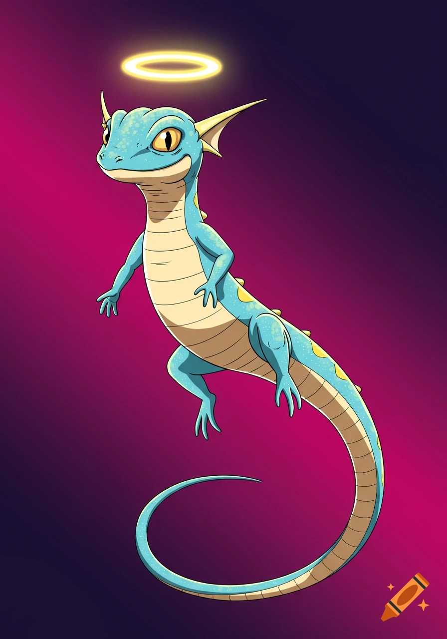 Cartoon angel lizard with halo levitating