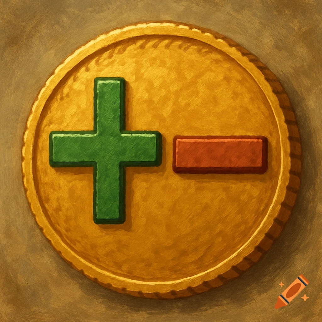 A gold coin featuring a green plus sign and a red minus sign.