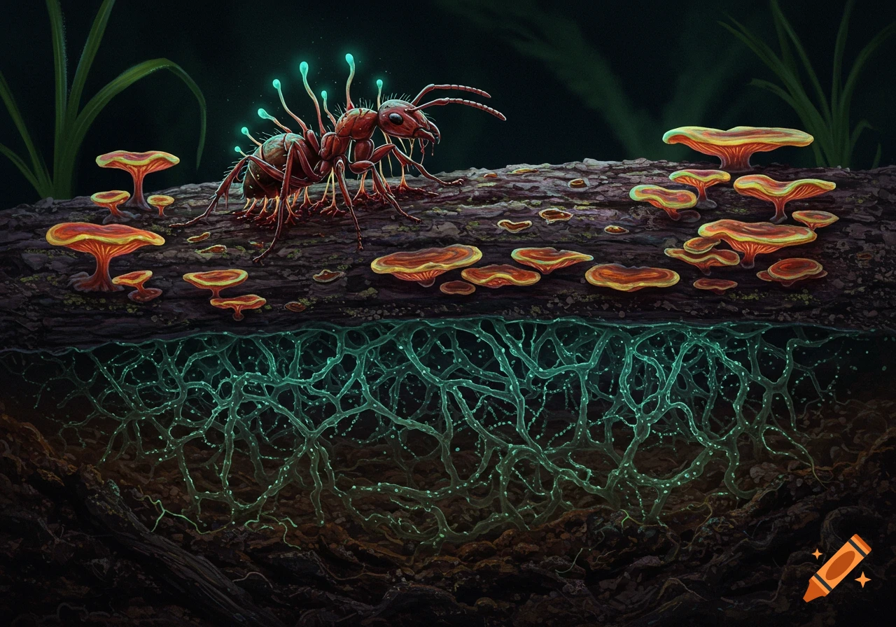 A fungus-infected ant on a log with mushrooms and glowing mycorrhizal roots underground.
