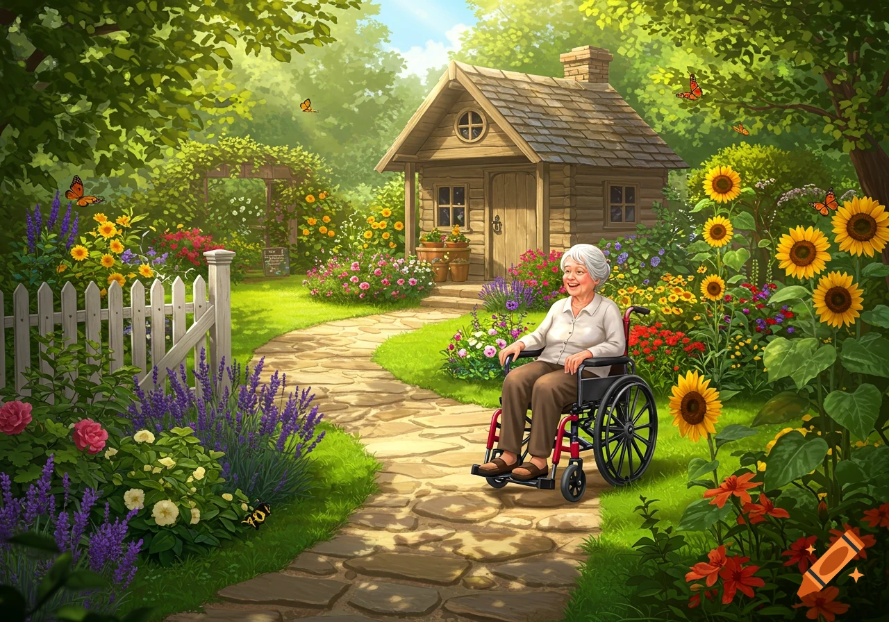 An elderly woman in a wheelchair is on a stone path in a sunny cottage garden filled with flowers.