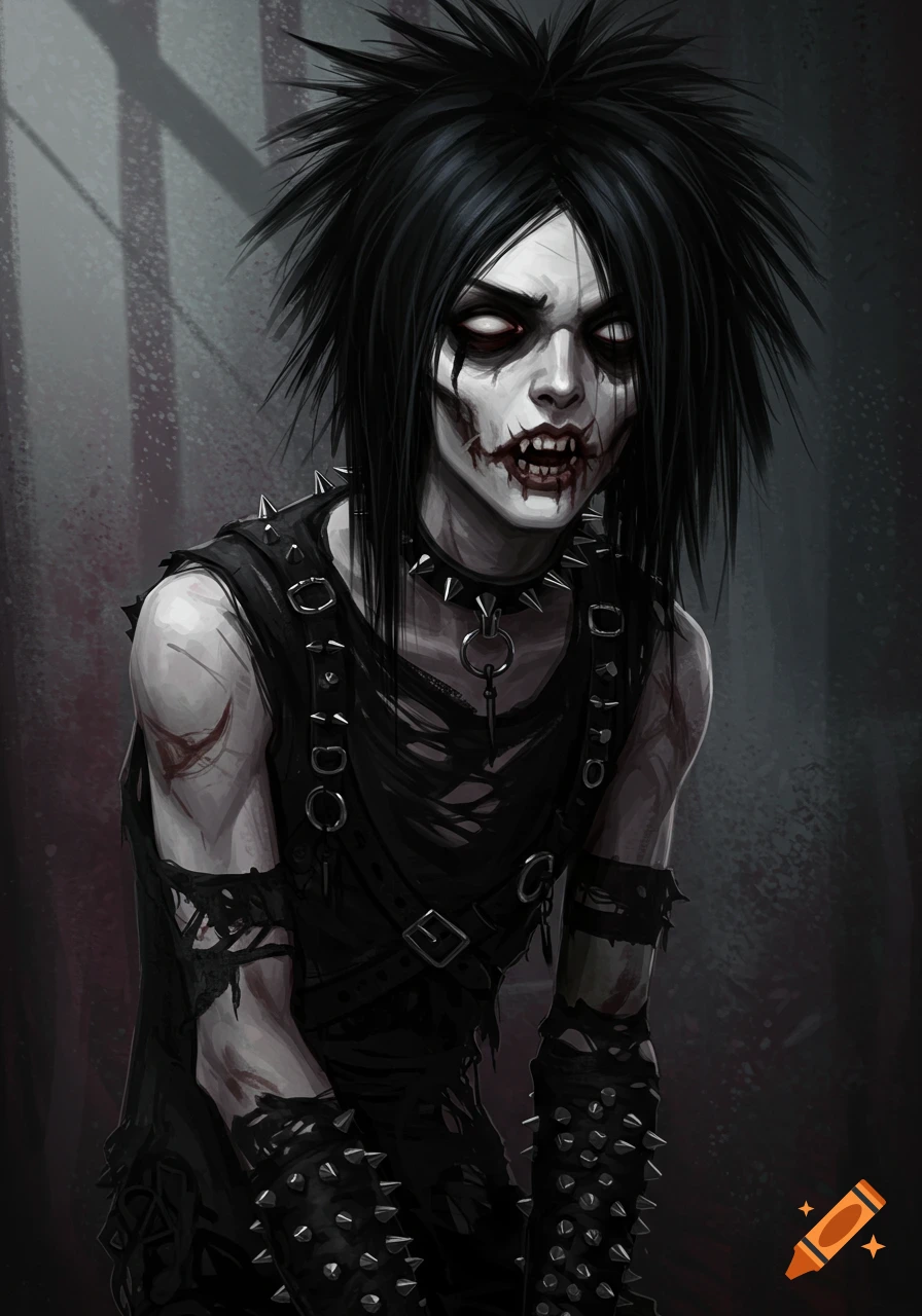 A gothic emo zombie with fangs and dark makeup.