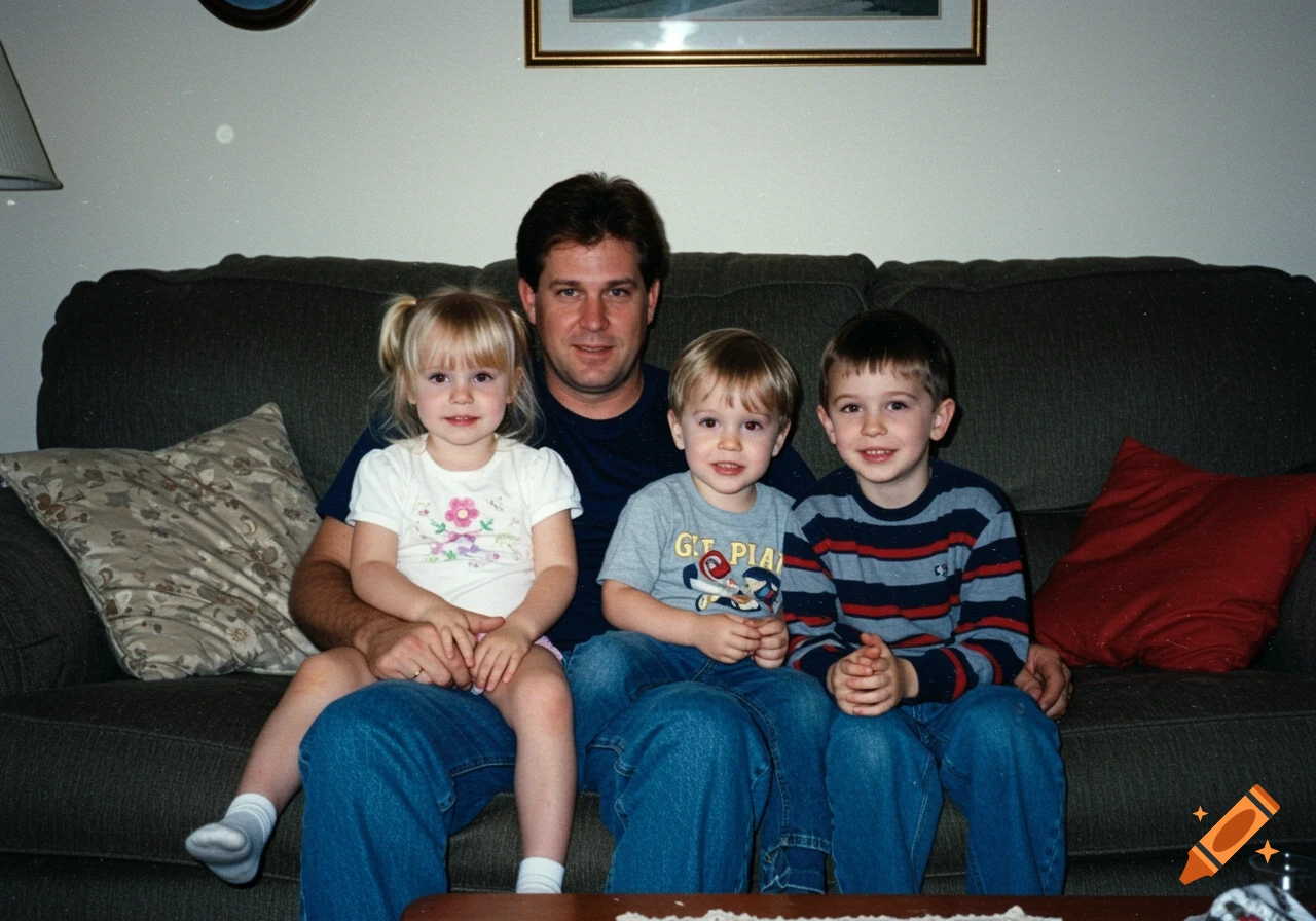 Man sitting on a couch with a young girl and two boys, 1990s photo