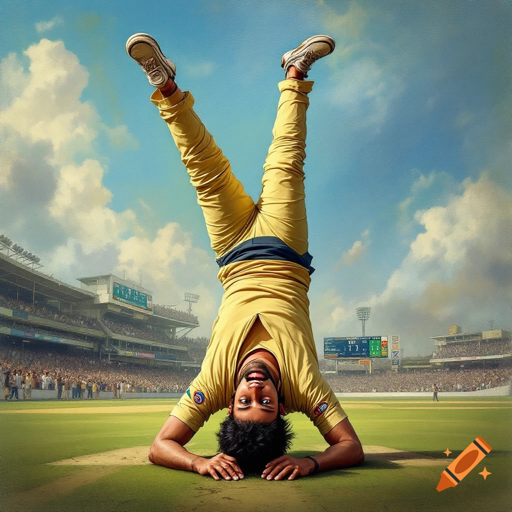 A man in yellow does a headstand on a cricket field, smiling at the viewer, with a blurry stadium in the background.