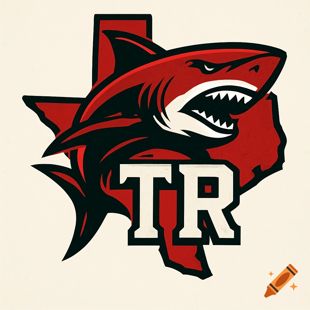 Red and black shark logo over a red Texas outline with white letters TR.