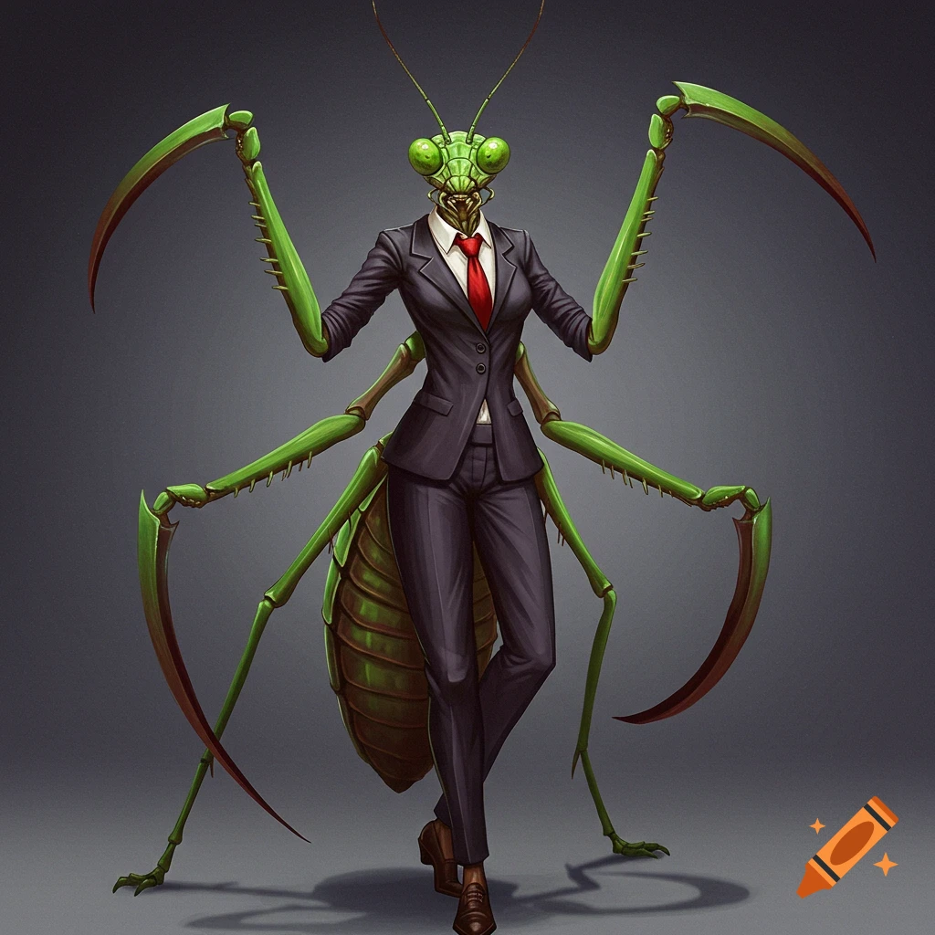 A praying mantis wearing a business suit.