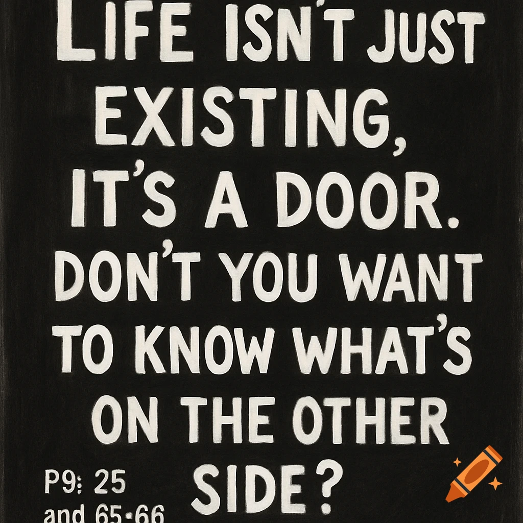 White text on black background: "Life isn't just existing, It's a door. Don't you want to know what's on the other side?"