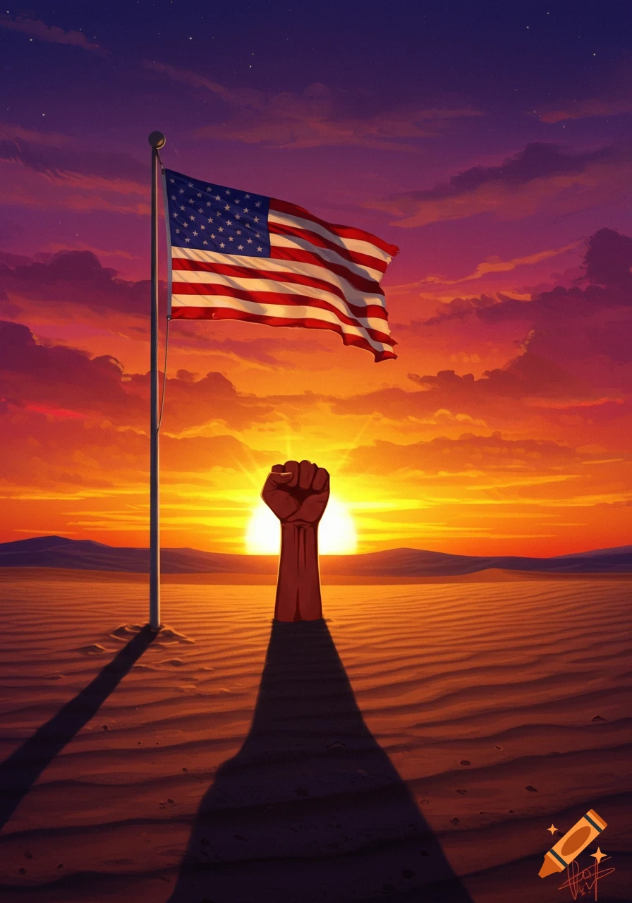 Raised fist in desert at sunset next to US flag.