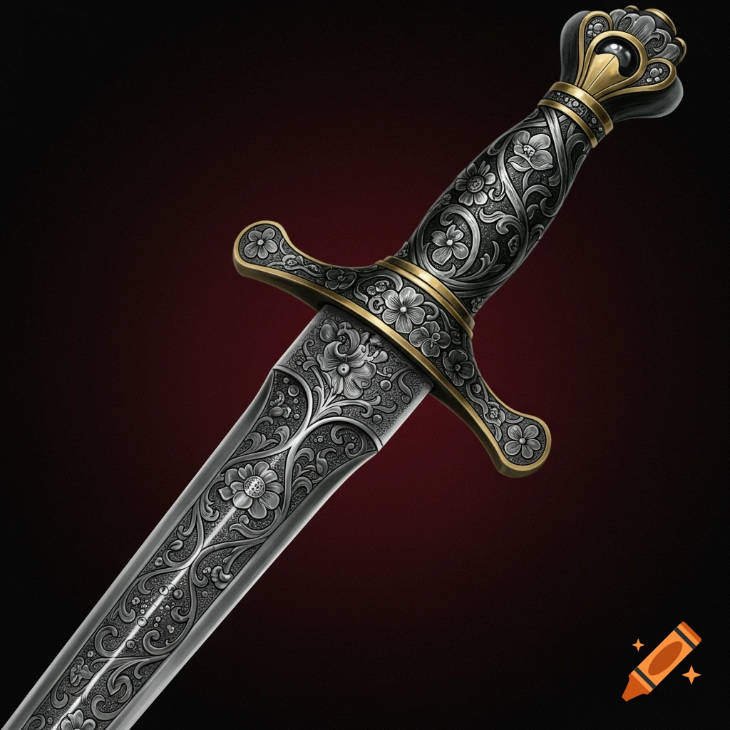 An ornate dagger with floral engravings.