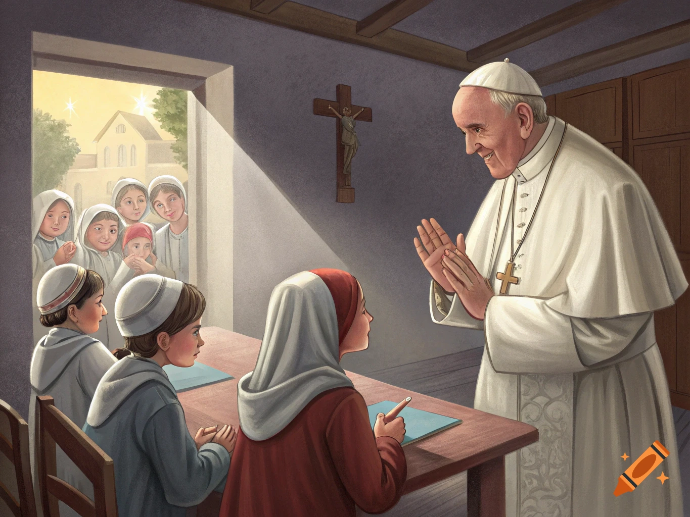 Illustration of Pope Francis talking to children in a room with a crucifix.