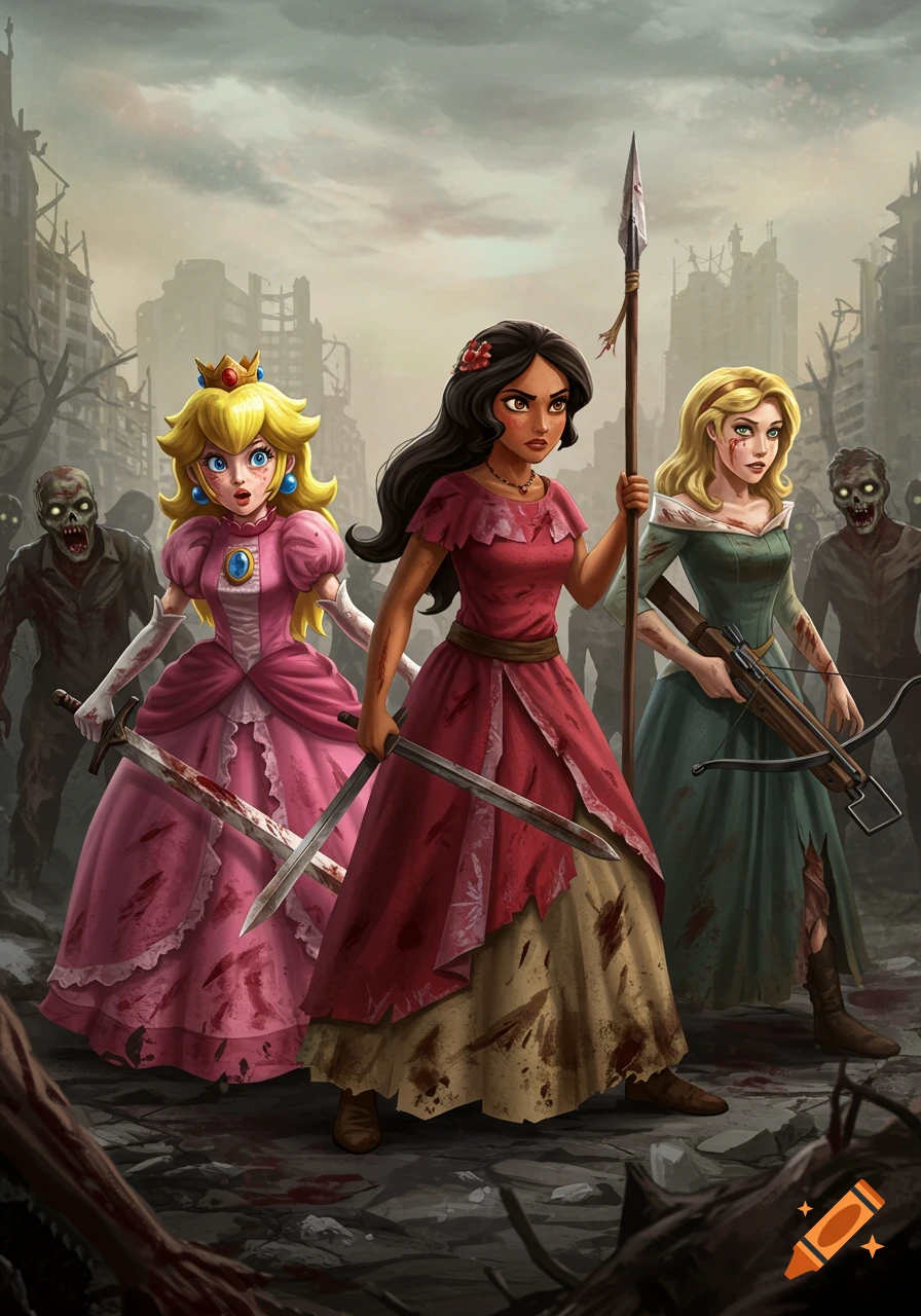 Princess Peach, Elena, and Sleeping Beauty fighting zombies in a ruined city.