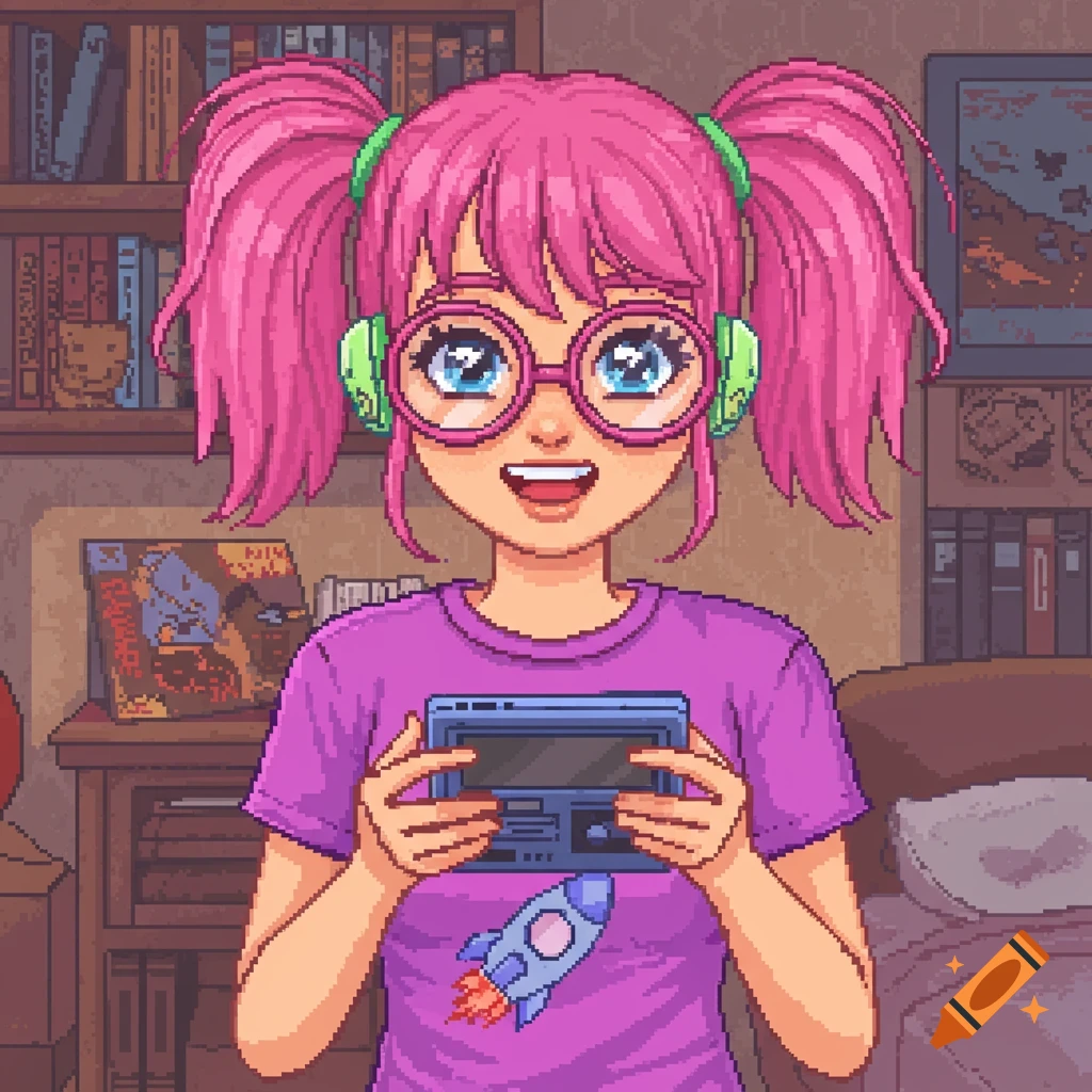 Pixel art of a girl with pink pigtails, glasses, and headphones holding a handheld game console in a room with books.