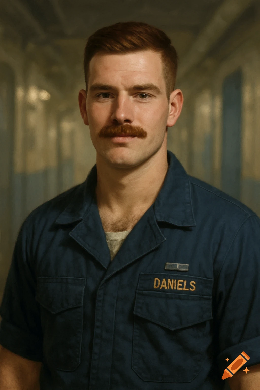 A man with a mustache is wearing a US Navy uniform.