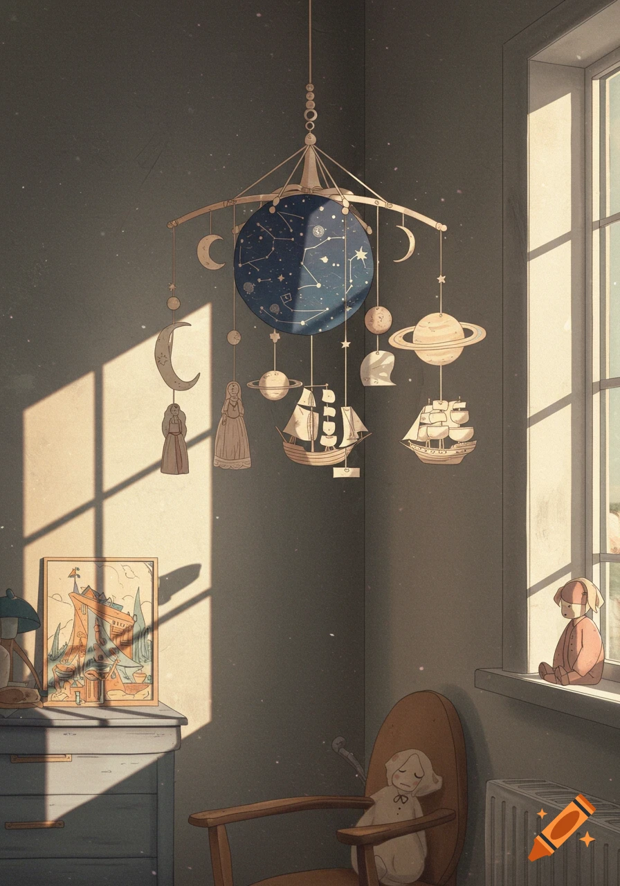 A child's bedroom with a mobile featuring planets, moons, and ships, bathed in sunlight.