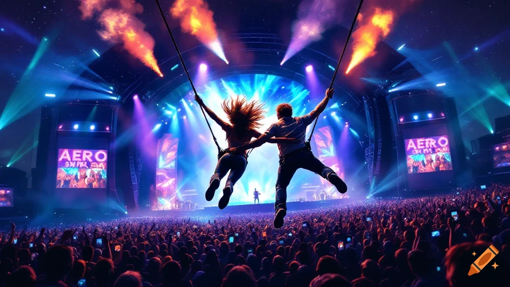 Two people bungee jump over a large crowd at a vibrant night concert.