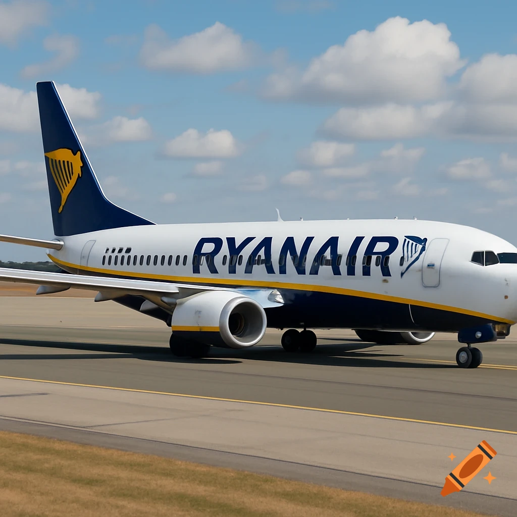 A photorealistic image of a Ryanair airplane on a runway under a partly cloudy sky.