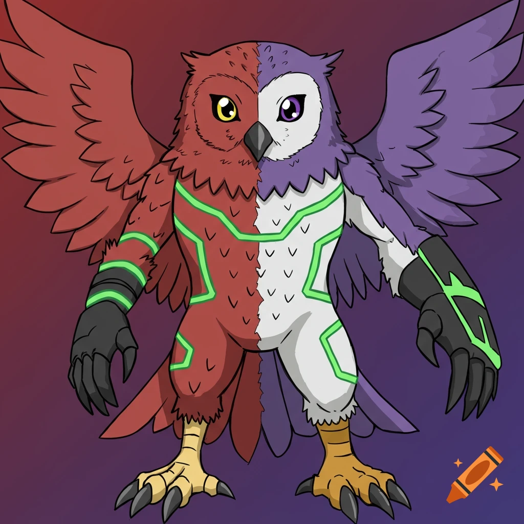 Manga-styled owl-falcon hybrid creature, split red and purple, with green glowing lines.