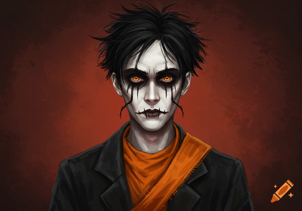 A man with dark makeup, orange eyes, and messy black hair.