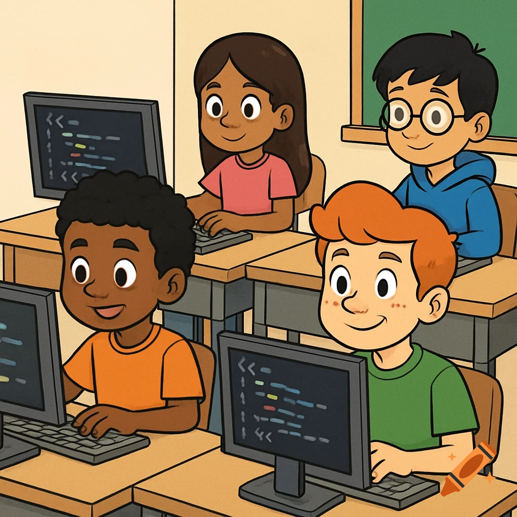 Cartoon illustration of diverse students writing code on computers in a classroom