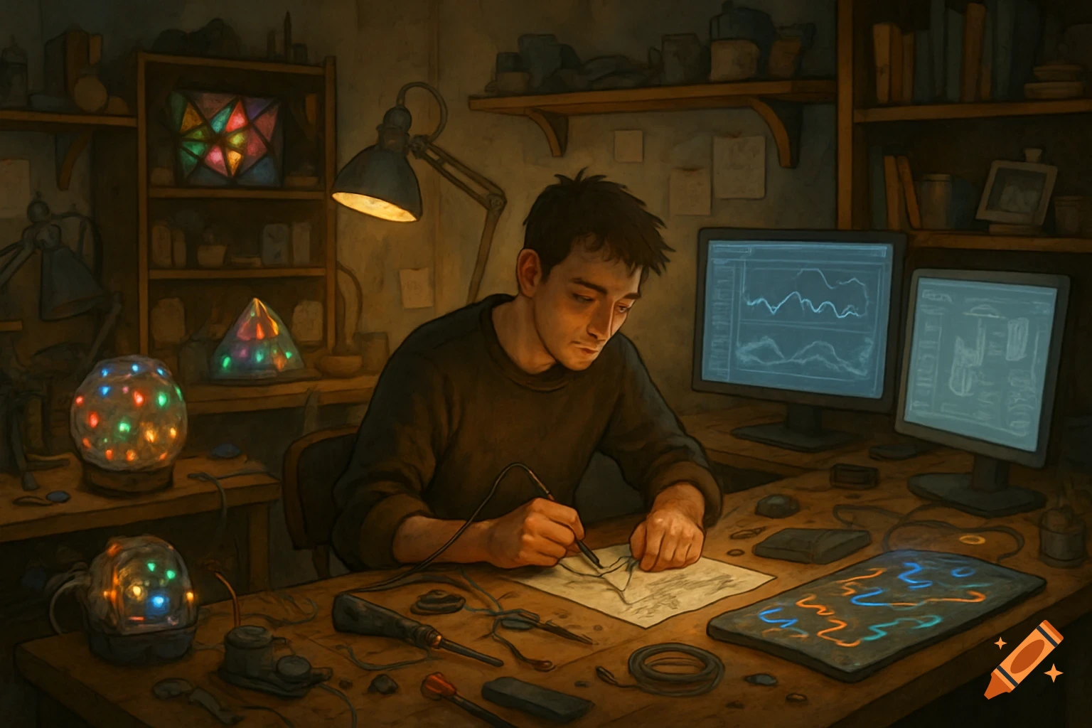 A young man soldering wires and sketching at a cluttered workbench, surrounded by electronics and glowing monitors displaying graphs and diagrams.