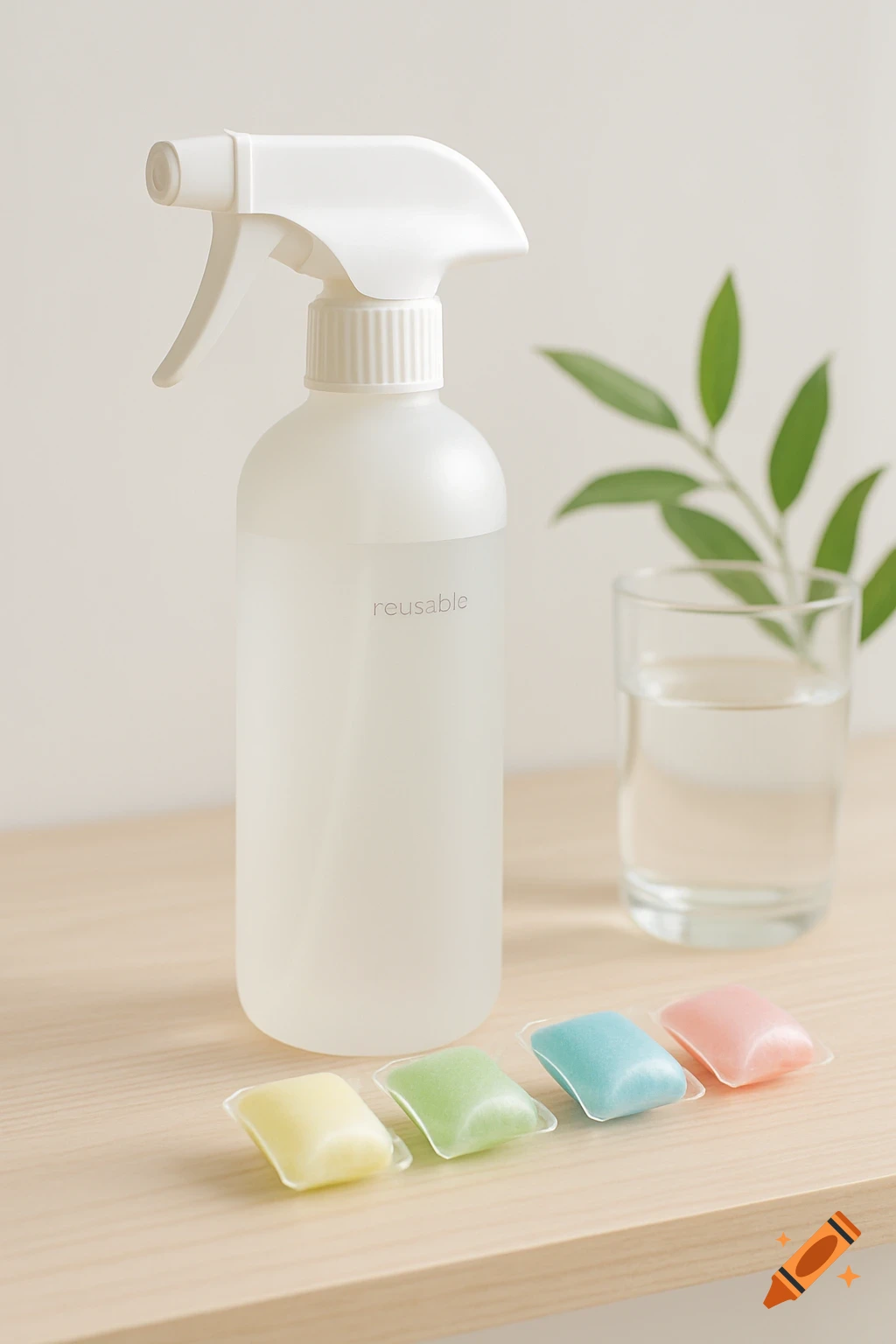 A minimalist eco-friendly reusable spray bottle, colorful dissolvable cleaning pods, a glass of water, and leaves on a wooden surface. Photorealistic style.