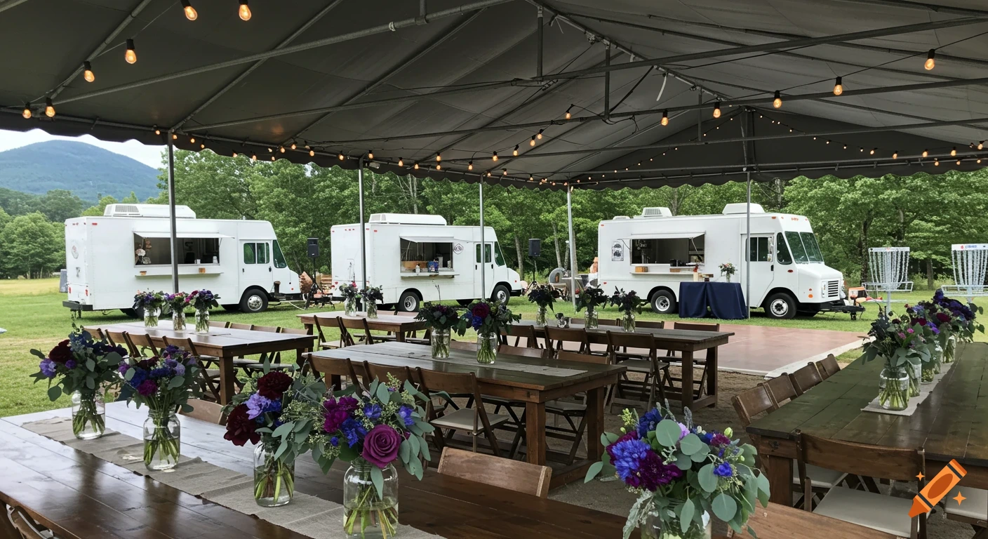 Outdoor wedding reception with tables, floral arrangements, food trucks, and string lights under a tent.