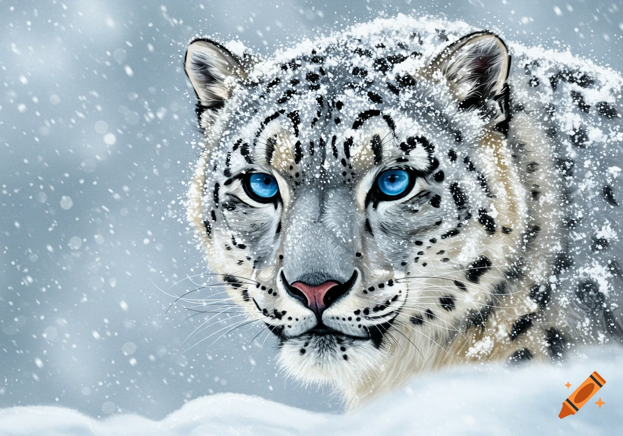 Close-up of a snow leopard's face with blue eyes covered in snow