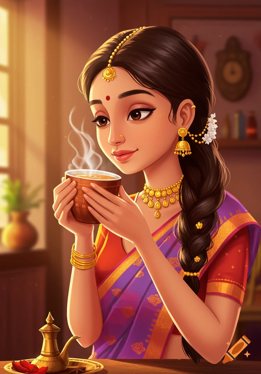 An Indian girl holding a cup of steaming tea, wearing traditional jewelry.