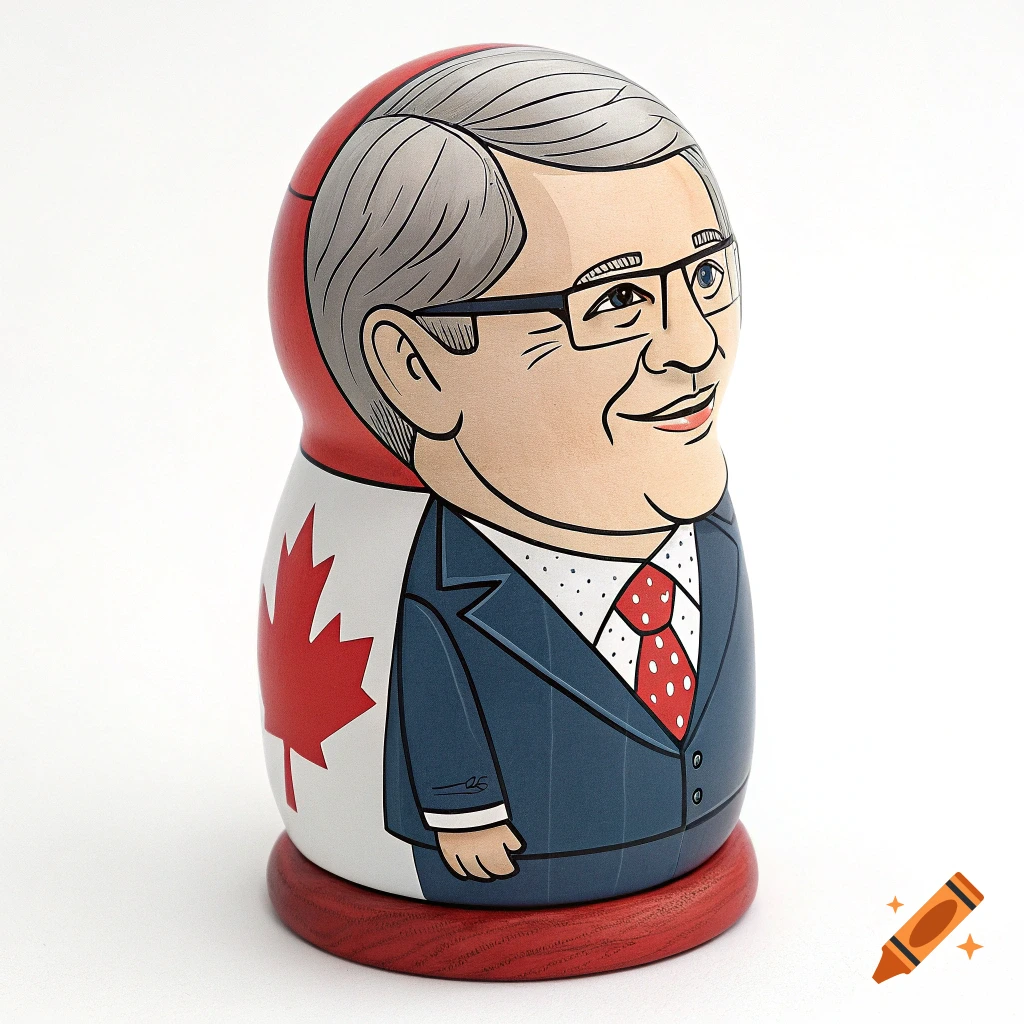 Caricature of Stephen Harper on a matryoshka doll with the Canadian flag