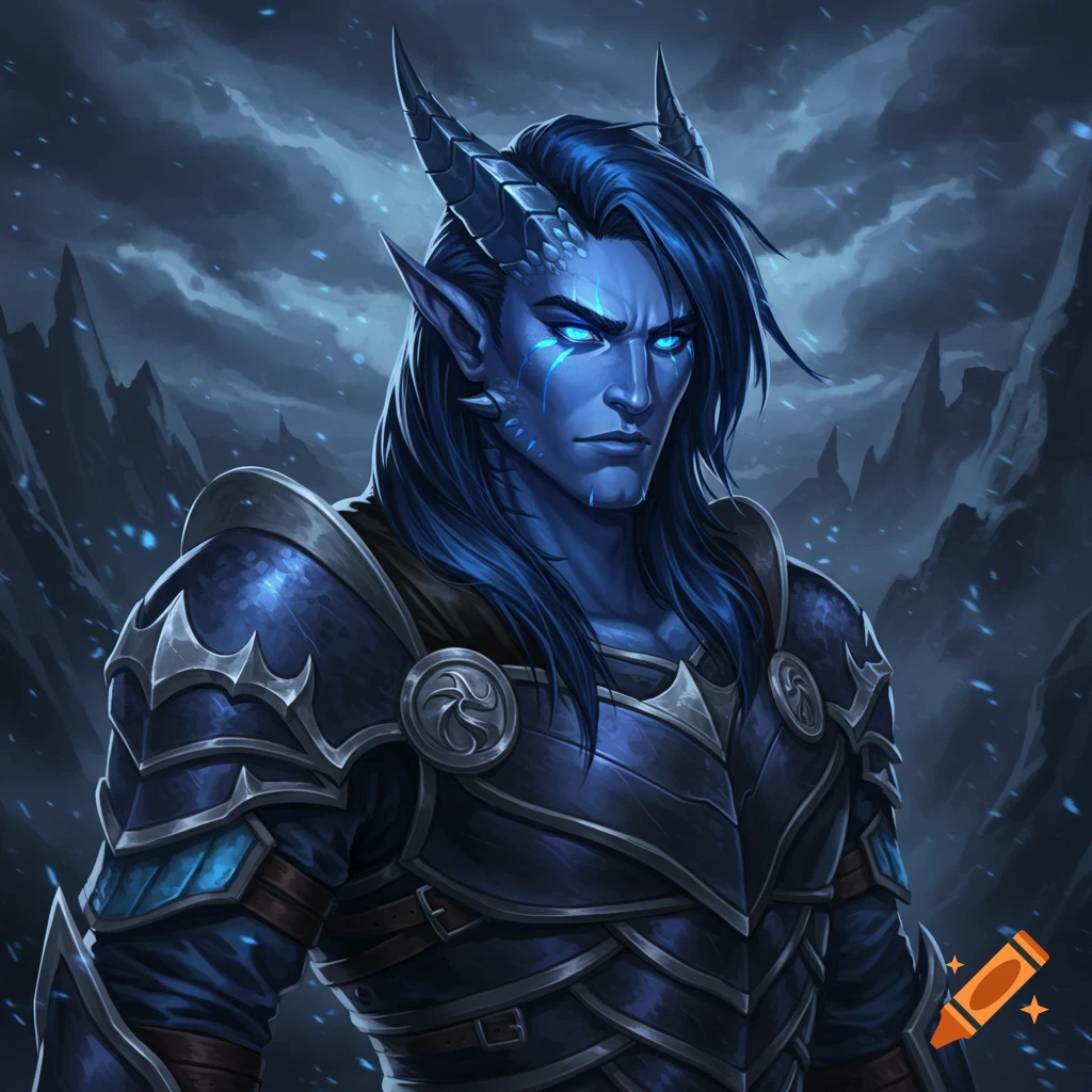 A blue dragon humanoid in dark armor stands in a mountain landscape.