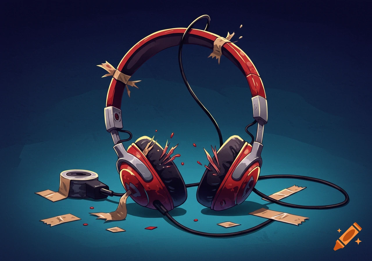 Damaged headphones held together with tape.