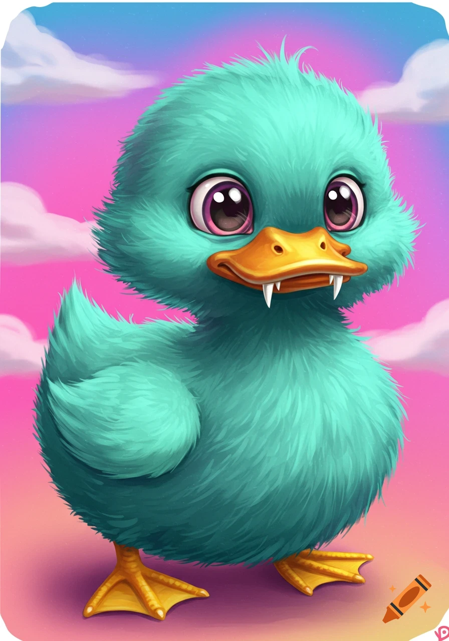 A cute teal duckling with small fangs stands against a pink and purple sky background.