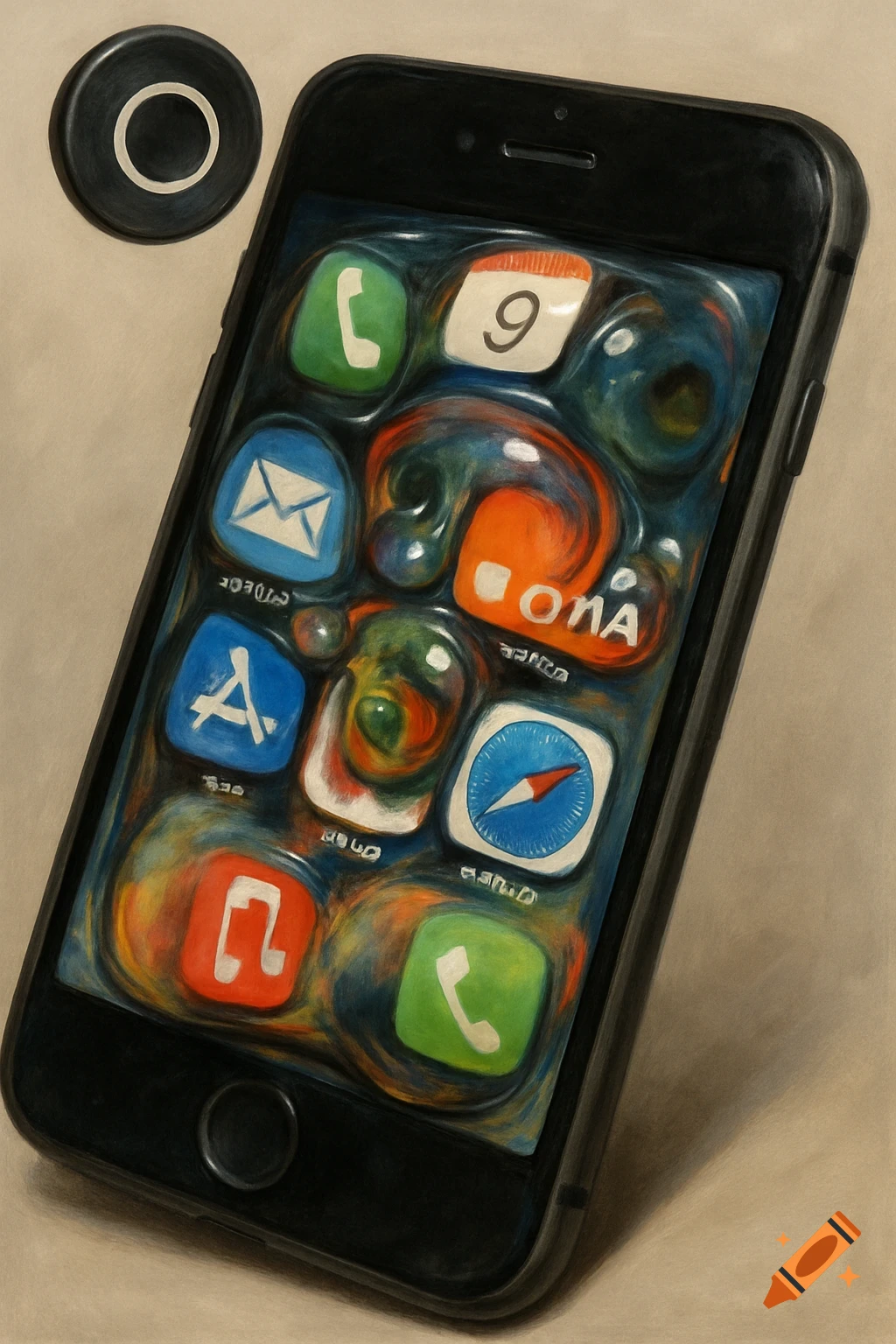 A smartphone with a distorted screen showing warped app icons.