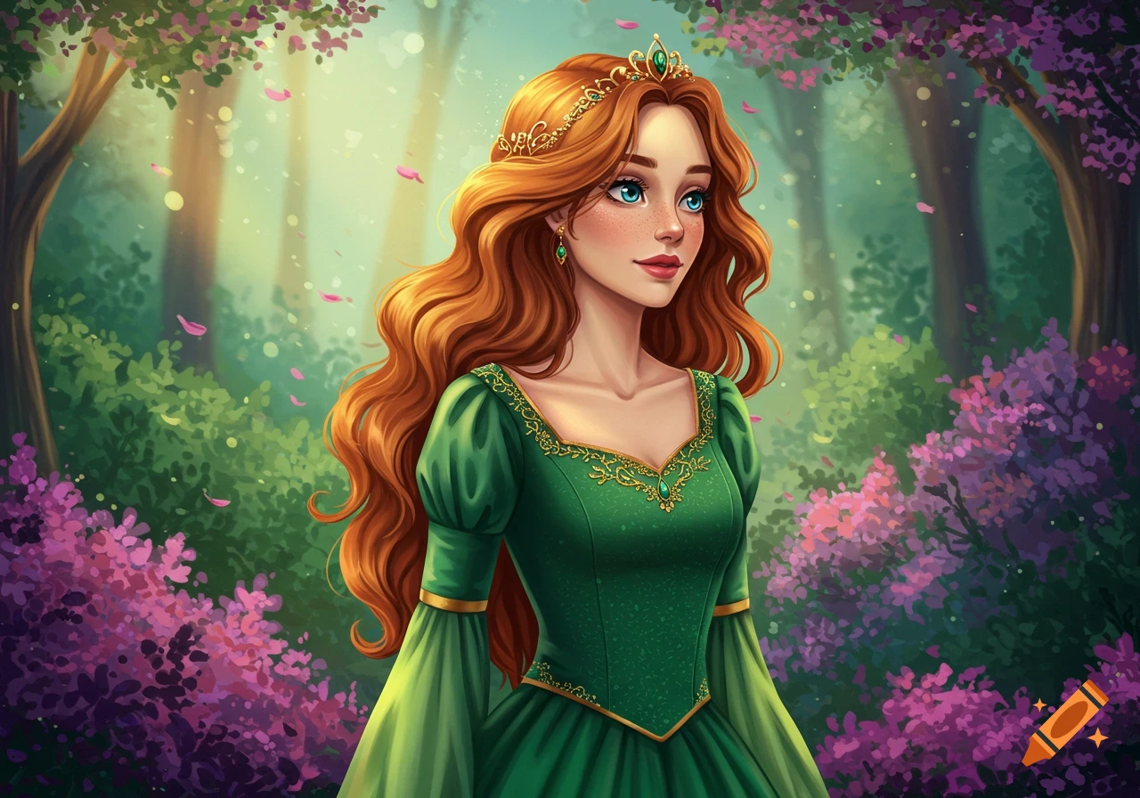 A red-haired woman in a green dress and crown is in a forest