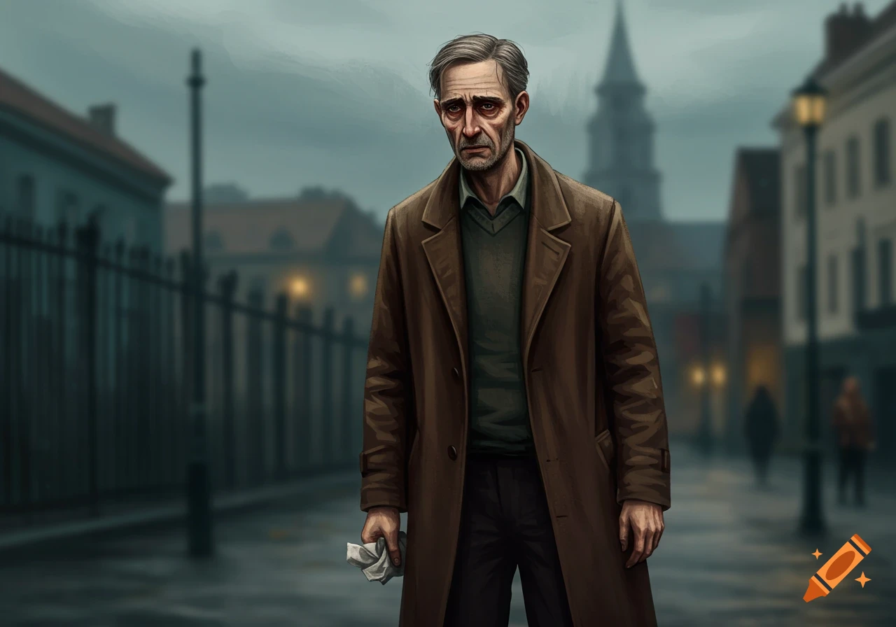 A sad man holds crumpled paper on a gloomy street.