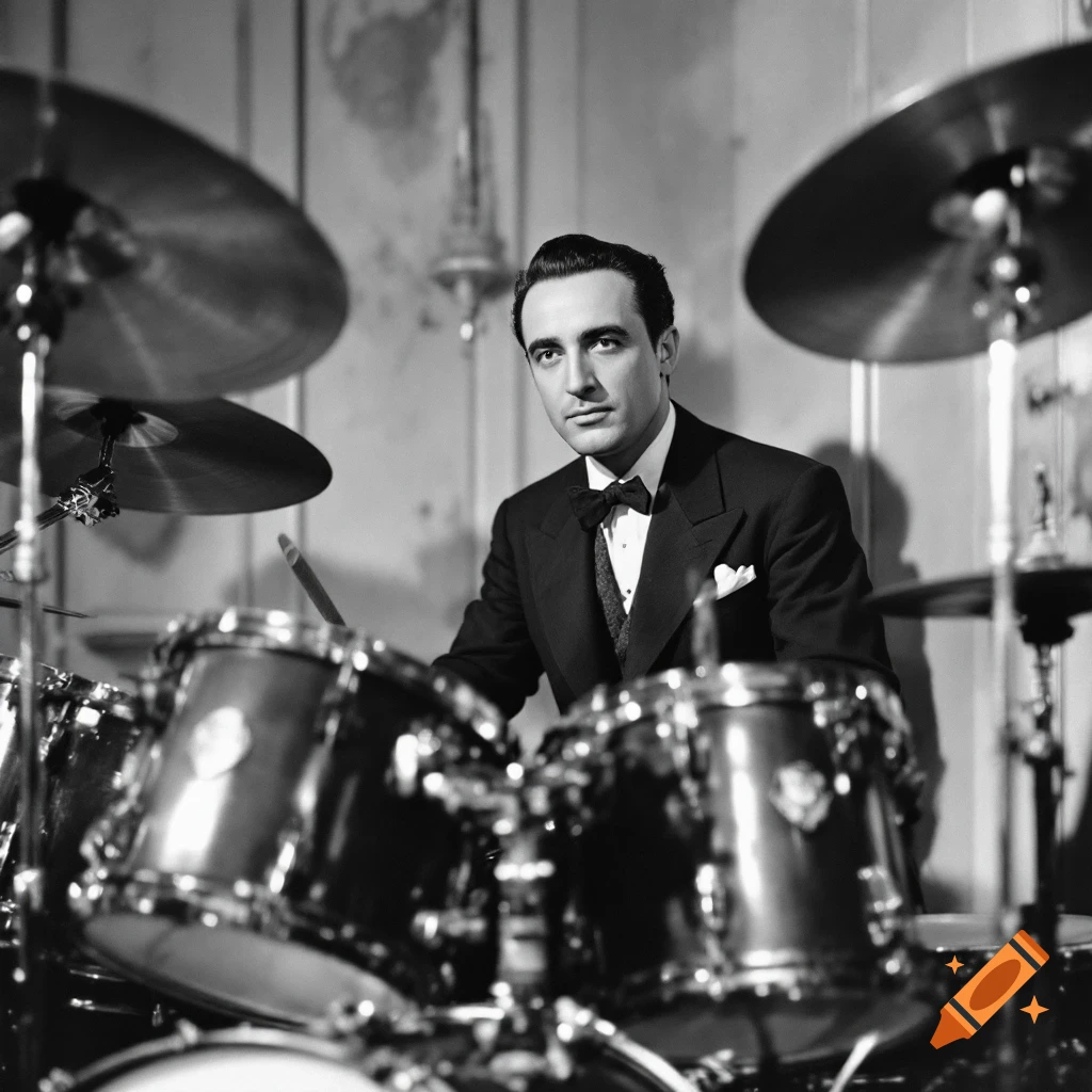 A man in a suit plays drums in a black and white photograph.