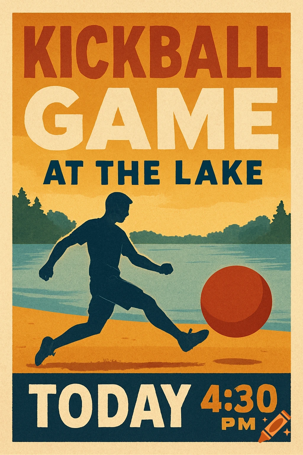 Poster for a kickball game at the lake today at 4:30 PM, featuring a person kicking a ball in a retro style.
