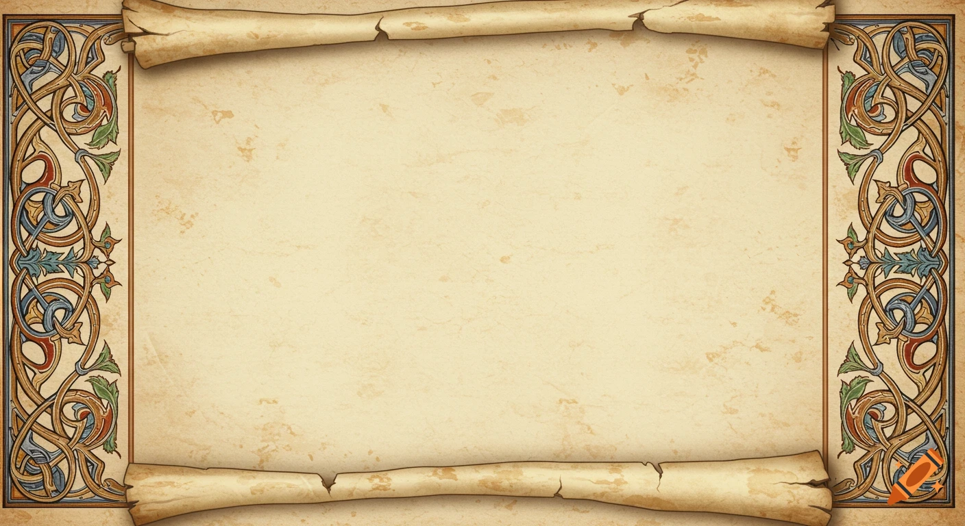 Parchment scroll background with ornate medieval Celtic-style border designs.