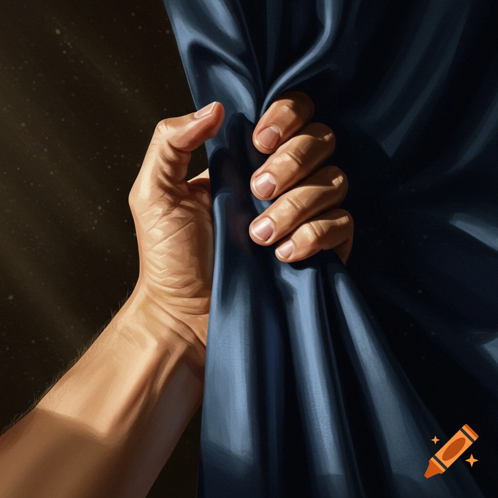 A hand grips blue fabric with light rays in the background.