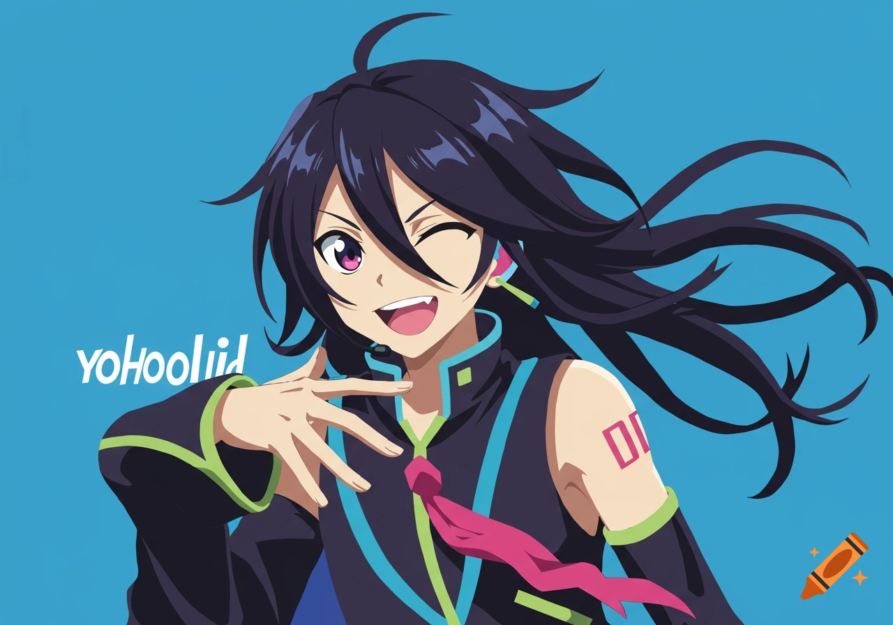 Anime character Yohioloid winking and smiling in a vector graphic style