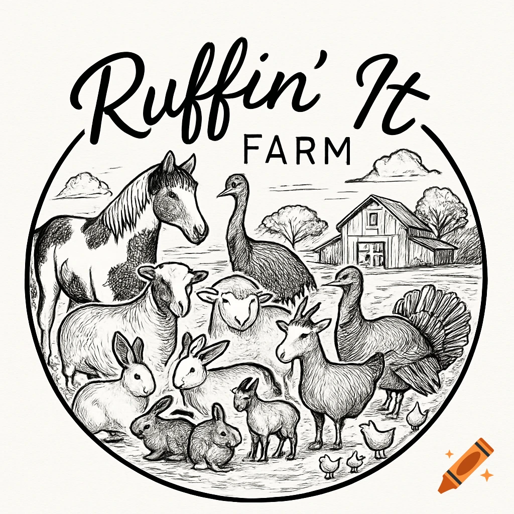 Black and white line drawing of farm animals and a barn, with the text 'Ruffin' It FARM'.