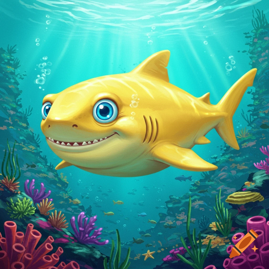 A cheerful yellow cartoon shark swims through a colorful coral reef with rays of light overhead.