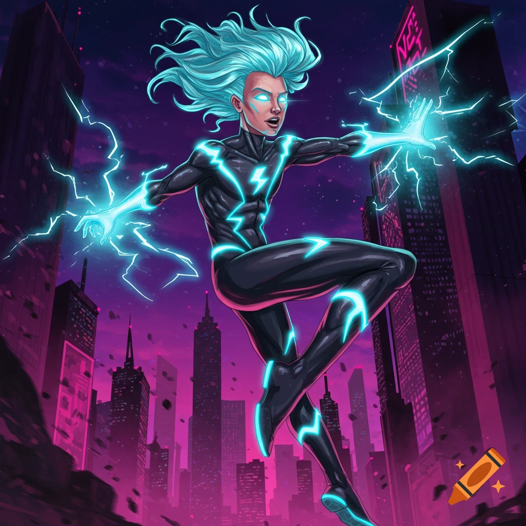 Androgynous superhero with electric powers flies over a city at night.
